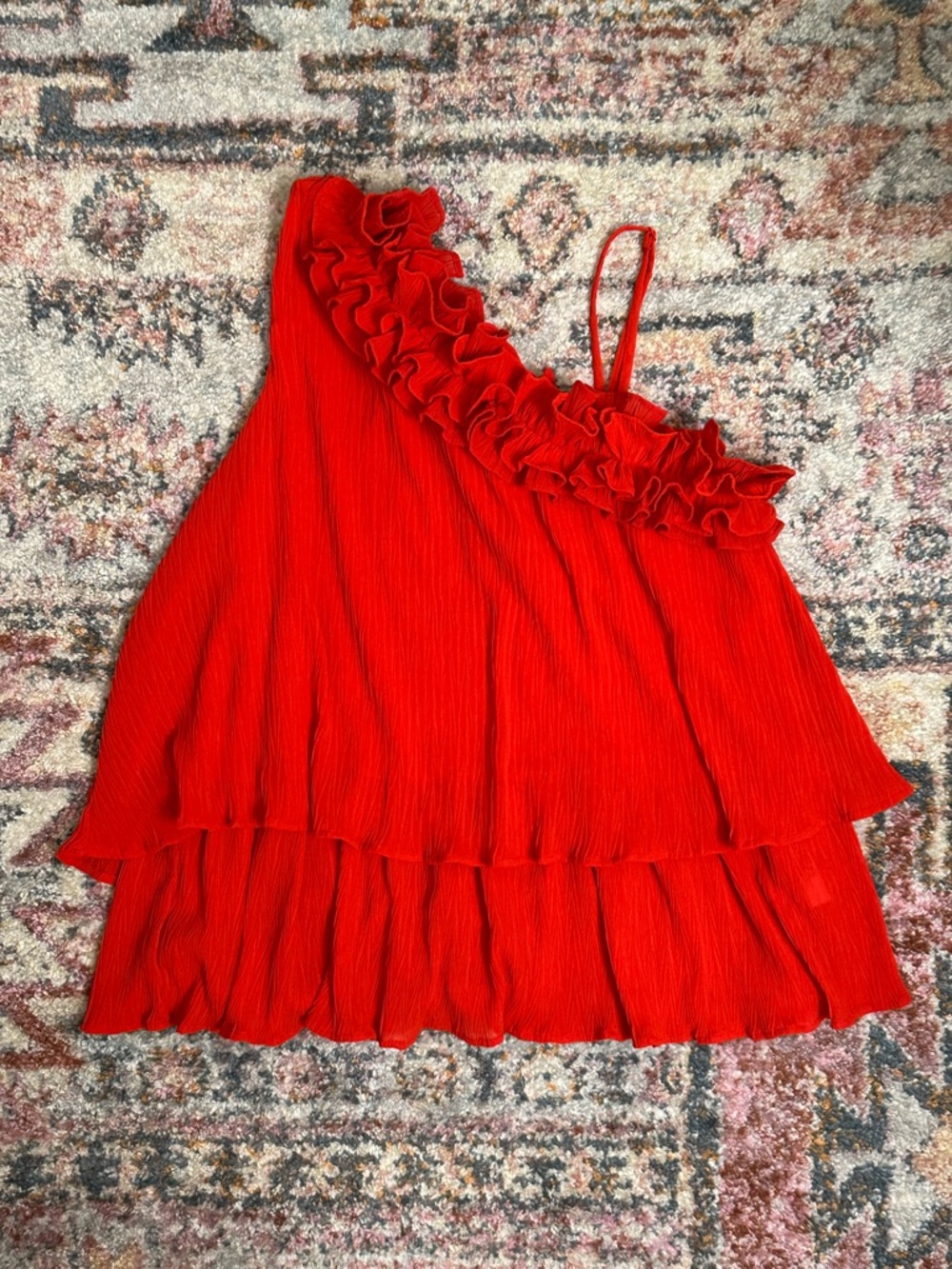 Red One Shoulder Ruffle Tank Top Tiered Asymmetric Cami Blouse Resortwear Sz M